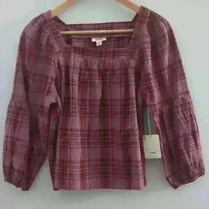 A.N.A | Women's Briana Plaid Violet Square Neck Linen Long Sleeved Top